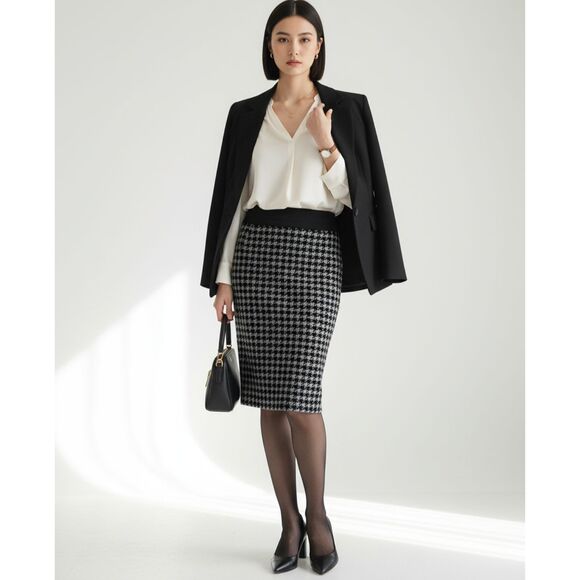 $275 DKNY Houndstooth Black Grey Womens Size 4 Tweed Wool Pencil Skirt NWT - Picture 1 of 15